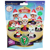 This image shows the small plastic packaging that this mini comes in. It reads "Santaverse. The Elf on the Shelf Animated Special Minis & Elf Pets. Collect all 8! Series 4. From top to bottom, left to right, the mini toys names' are: Crystal, Timber, Sampson the dog, Scout Elf Joe, Gym Dandy, Newsey Noel and Snowball the cat. There's also a mystery figure option.