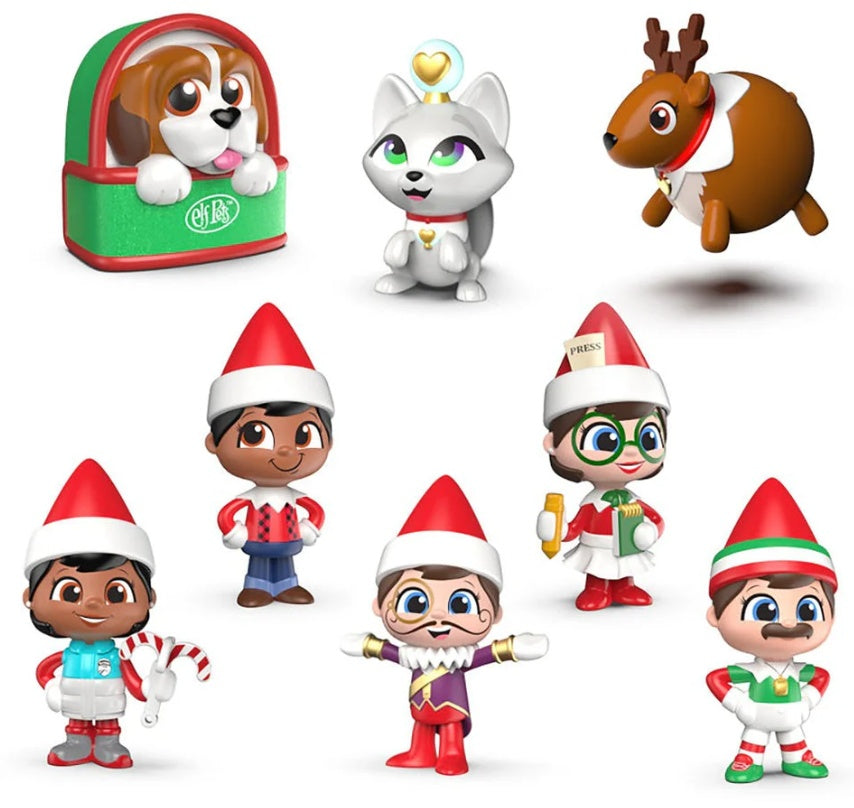 This is the 8 different mini options available. From left to right, top to bottom: There's a dog with big eyes in a green carrier, a white cat with purple and green eyes and a green heart above its head, a chubby reindeer, an Elf boy wearing a red shirt and blue jeans, an Elf girl with green glasses who is holding a yellow pencil and a notepad, an Elf girl who is holding candy canes and wearing a white and light blue puffy vest, an Elf boy wearing a nutcracker costume and an Elf boy with a mustache.