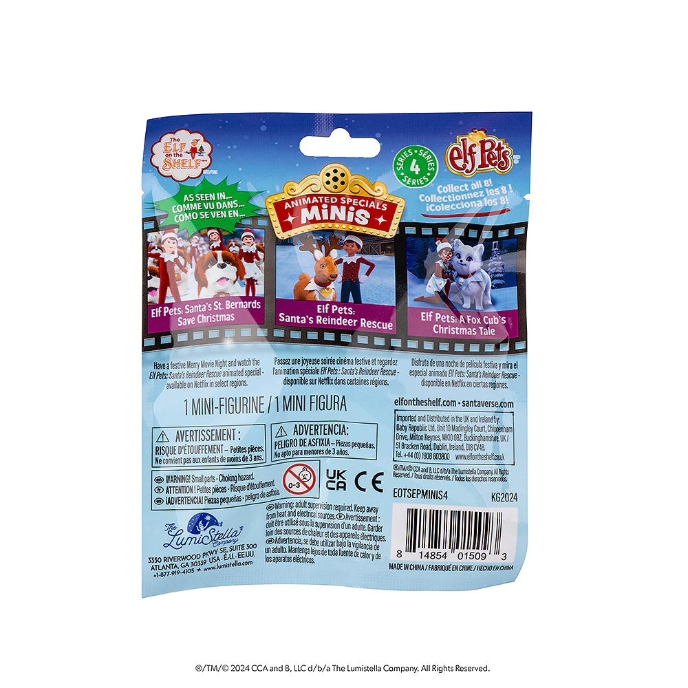 This image shows the back of the small plastic packaging that this mini comes in. It reads "Elf on the Shelf & Elf Pets. Animated Specials Minis. Series 4. Collect all 8! As seen in: Elf Pets Santa's St. Bernards Save Christmas, Elf Pets Santa's Reindeer Rescue and Elf Pets A Fox Cub's Christmas Tale."