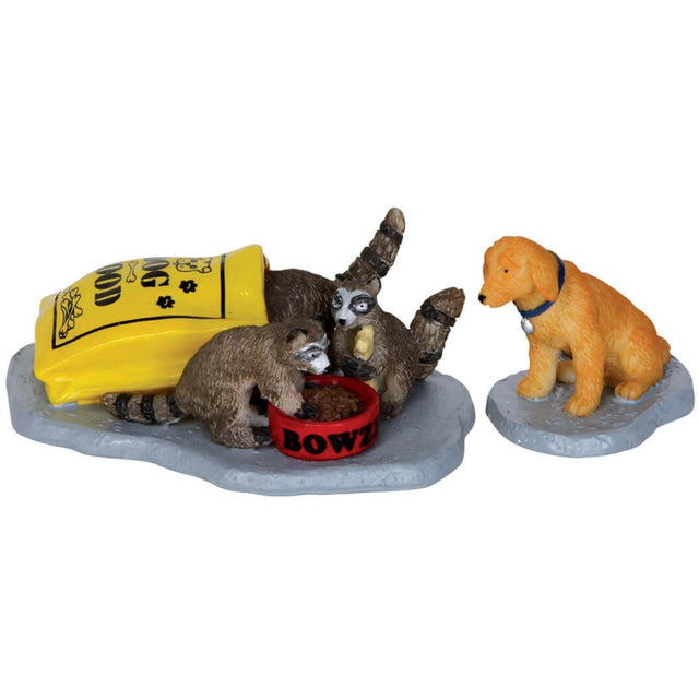 Polyresin figurines for a Lemax display. Designed to look like three raccoons stealing food from a yellow dog wearing a blue collar.