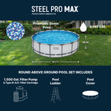 This image shows the pool all set up in a grassy backyard. The image also reads "Steel Pro MAX. Premium strength, maximum fun. Round Above Ground Pool Set Includes: 1500 gal. filter pump & type III-A/C filter cartridge, pool ladder and pool cover." It also shows what the pool liner looks like. It's called "Prismatic Stone Print" and it looks like a bunch of white and blue dots. The water capacity is 5,145 gallons. The pool measures 16 feet long and 48 inches deep.