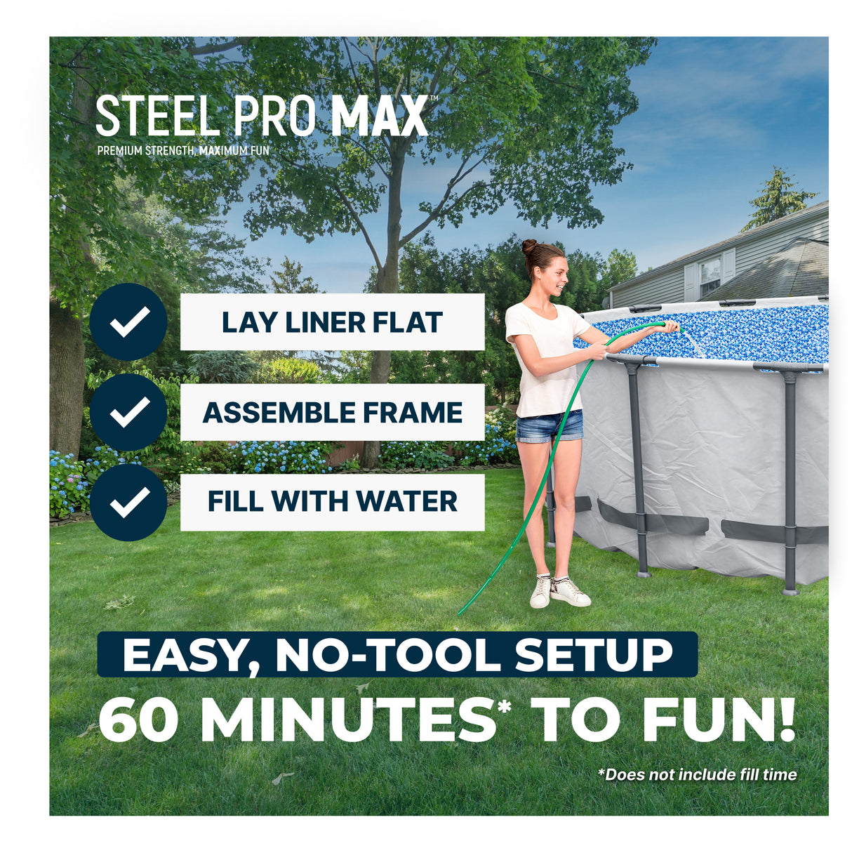This image shows a woman filling up a pool in a grassy backyard. The image also reads "Steel Pro MAX. Premium strength, maximum fun. Lay liner flat, assemble frame, fill with water. Easy, no-tool setup. 60 minutes to fun!"