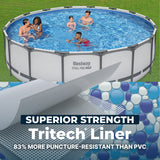This image shows the pool set up in a grassy backyard. It also shows an up close view of the liner. It's a bunch of white, blue and dark blue dots. The image also reads "Superior strength TriTech liner: 83% more puncture-resistant than PVC."