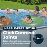 This image shows a bunch of people swimming in this pool. The image also reads "Hassle-Free Setup. ClickConect Joints: Quick-click, anti-rust connectors prevent metal-on-metal contact."