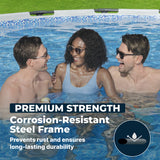 This image shows three people inside the pool. The image reads "Premium Strength Corrosion-Resistant Steel Frame Prevents rust and ensures long-lasting durability."