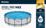 This image shows part of the packaging of the box for this pool. It reads "Bestway Steel Pro MAX. Premium strength, Maximum fun. 16 ft. and 48 in. deep. 90% 5,145 gal. water capacity."