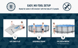 This image shows how easy it is to set up this pool. It reads "Easy, No-Tool Setup. Ready for water in 60 minutes with the help of 1-2 people. Step One: Lay liner flat. Step Two: Assemble frame. Step Three: Fill with water."