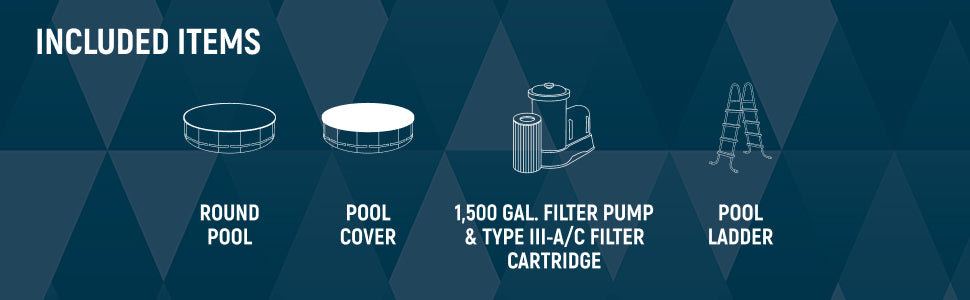 This image shows what is included in this pool package: Round pool, pool cover, 1500 gal. filter pump & type III-A/C filter cartridge and a pool ladder.