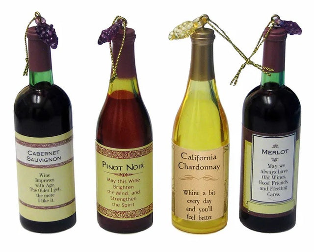 Intricately detailed miniature wine bottle ornament. One bottle reads "Cabernet Sauvignon. Wine improves with age. The older I get, the more I like it." One bottle reads "Pinot Noir. May this wine brighten the mind and strengthen the spirit." One bottle reads "California Chardonnay. Whine a bit every day and you'll feel better." One bottle reads "Merlot. May we always have old wines, good friends and fleeting care."