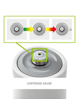 This image shows the cartridge gauge on a white background. Cartridge gauge indicator toggles between green, yellow and red so you know when to change your filter.