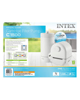 This image shows the packaging that this filter pump comes in. It reads "Intex Krystal Clear Cartridge Filter Pump C1500. Filter cartridge is quick and easy to clean or replace. Easy pump installation - attach hoses and plug pump in. Includes two 1 ½" in diameter hoses with clamps. HydroAeration Technology inlet fitting. Convenient air release valve for easy pump priming. Conforms to UL and CSA standards. Convenient energy-saving timer built into the GFCI. Automatic daily filtration with 2-10 hour cycles."