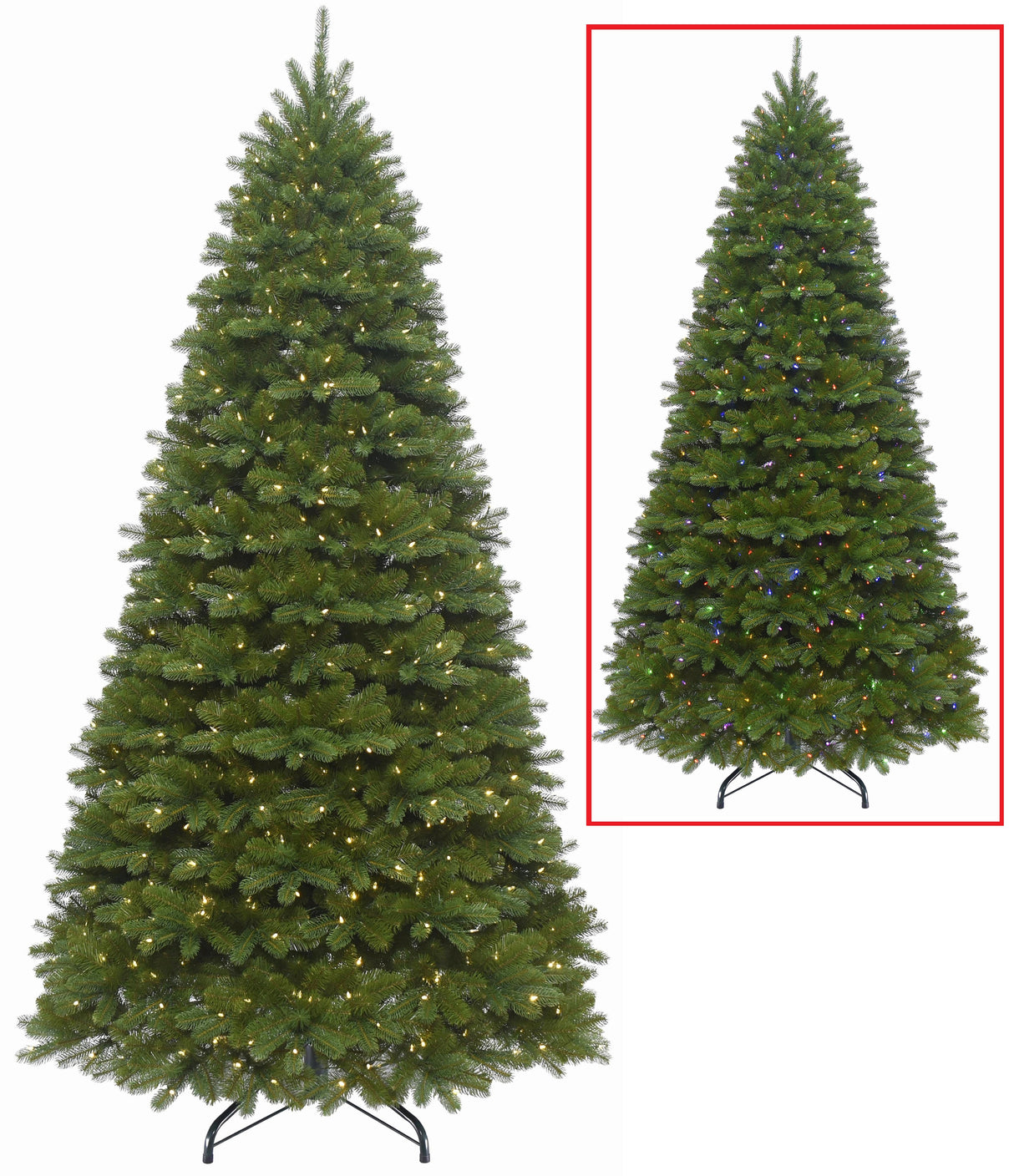 Artificial tree pre-lit with dual lights. Lights change from warm white to multi-colored.