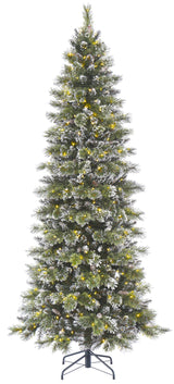 Artificial tree pre-lit with dual lights. Lights change from warm white to multi-colored. The branches are covered in white glitter.