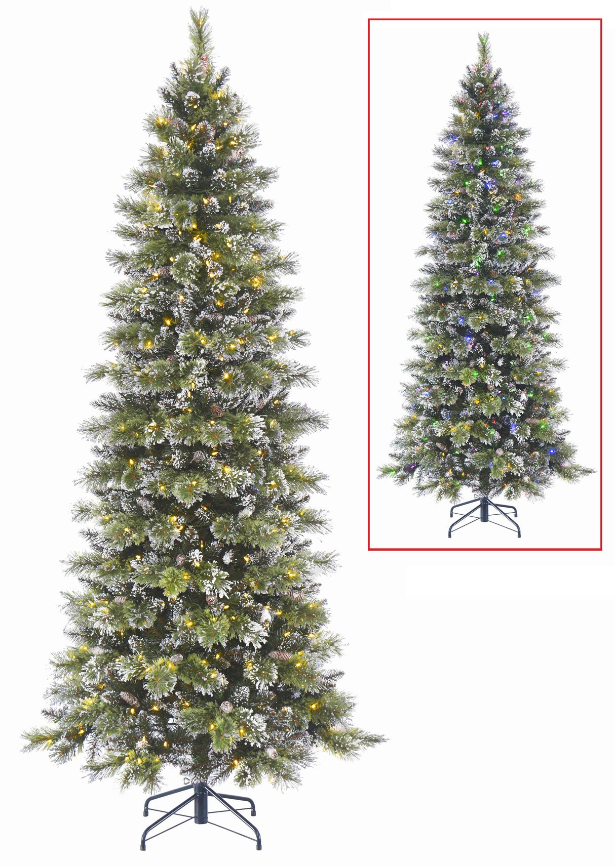 Artificial tree pre-lit with dual lights. Lights change from warm white to multi-colored. The branches are covered in white glitter.