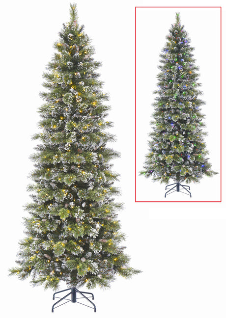 Artificial tree pre-lit with dual lights. Lights change from warm white to multi-colored. The branches are covered in white glitter.