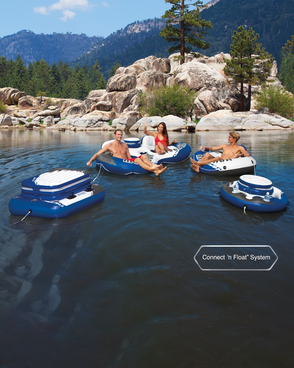 Blue and white inflatable cooler with cupholders.