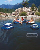 Blue and white inflatable cooler with cupholders.