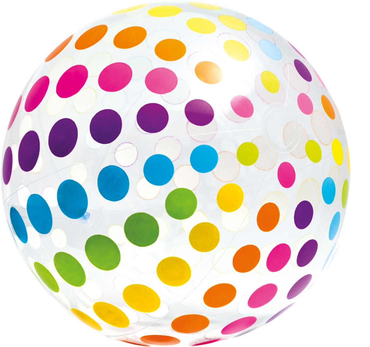 This image shows what this beach ball looks like on a white background. The ball is transparent with rainbow/multi-colored polka dots.