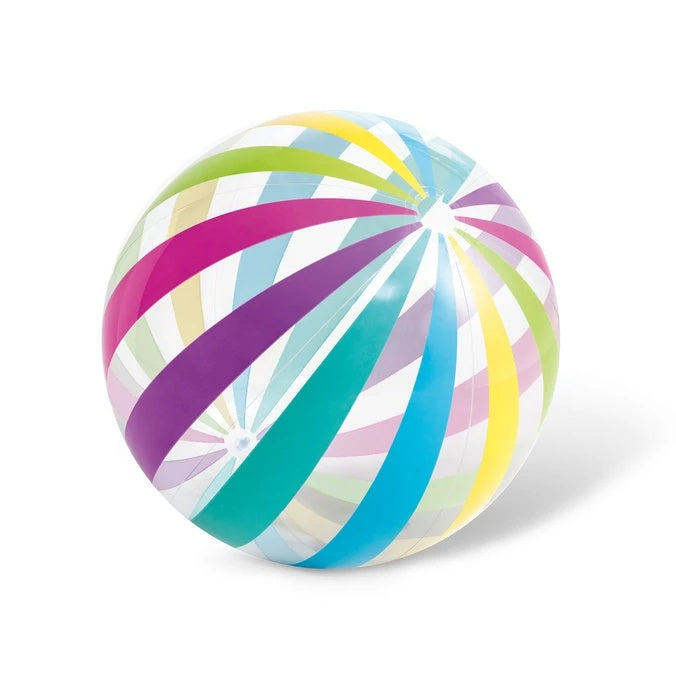 This image shows what this beach ball looks like on a white background. The ball is transparent with rainbow/multi-colored stripes.