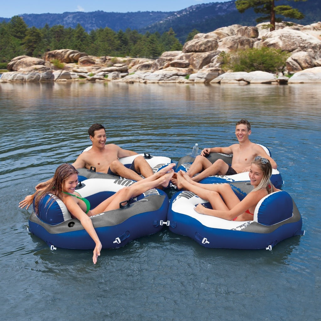 Blue and white inflatable connectable lounge.
