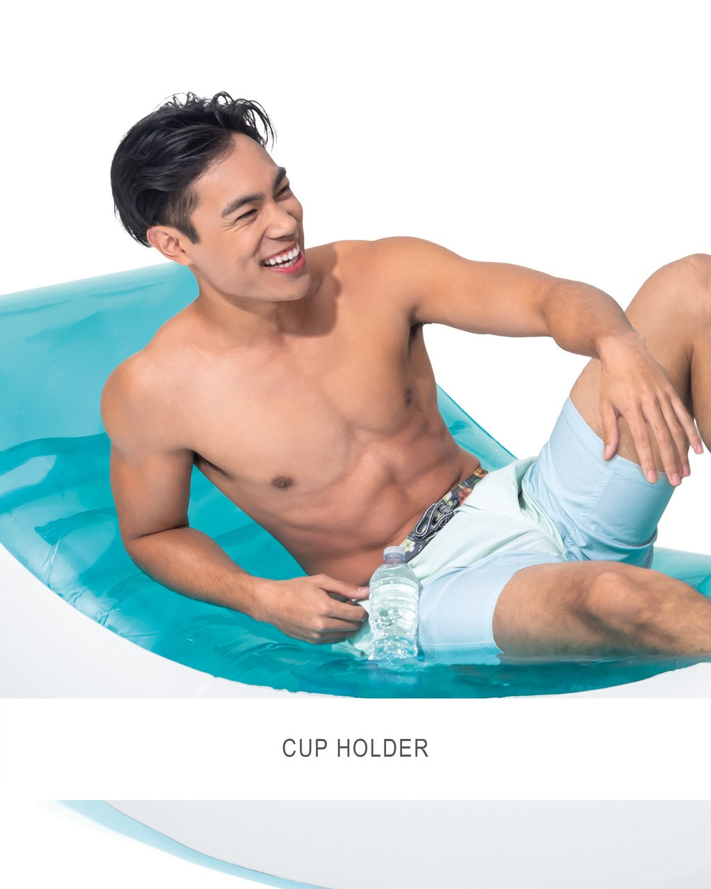 Light blue and white inflatable pool chair.