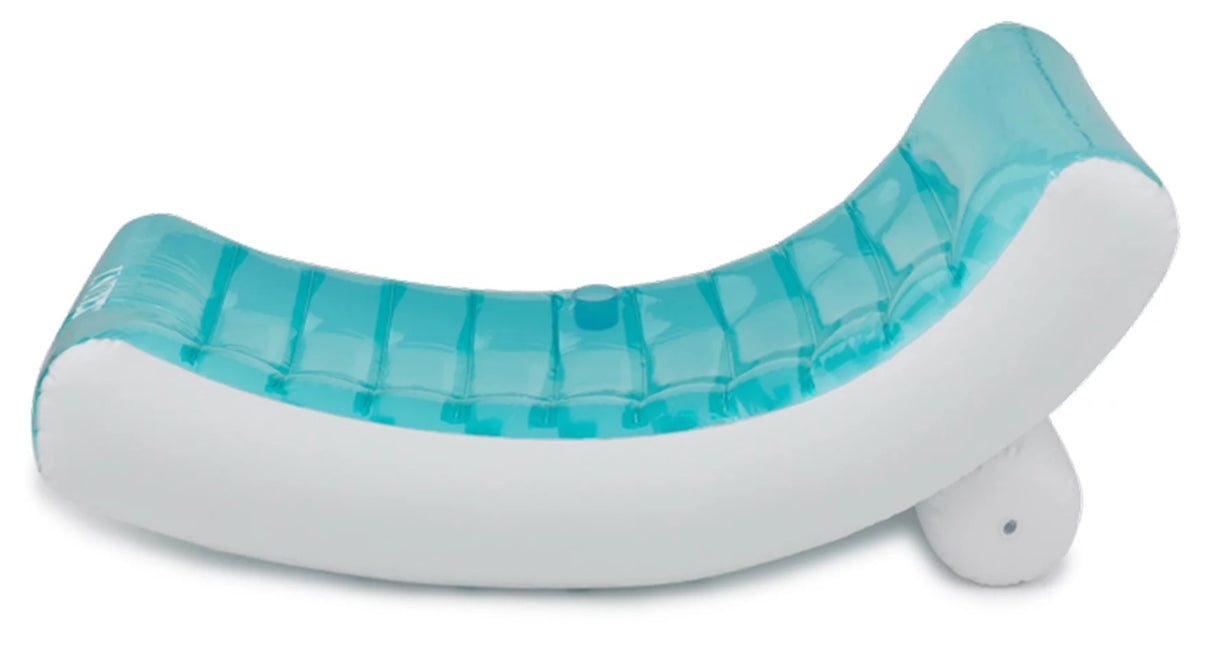 Light blue and white inflatable pool chair.
