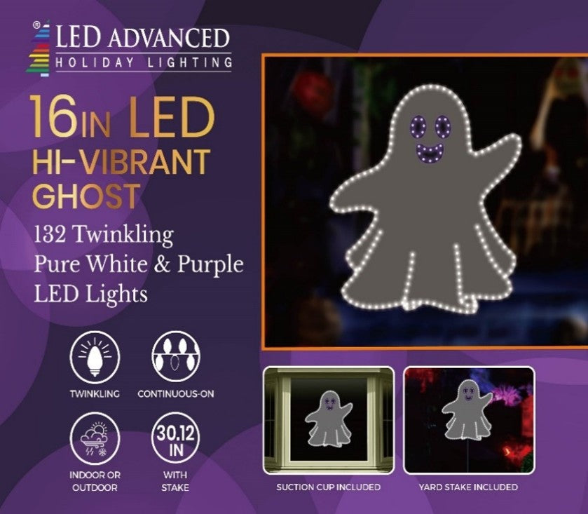 This image shows what the packaging looks like for this item. It reads "LED Advanced Holiday Lighting. 16 inch LED hi-vibrant ghost. 132 twinkling pure white and purple LED lights. Continuous-on technology. For indoor and outdoor use. It measures 30.12 inches tall with the stake. Suction cup included. Yard stake included."