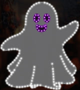 This image shows what this Halloween decoration looks like. It's a white ghost with two purple eyes and a purple smile.