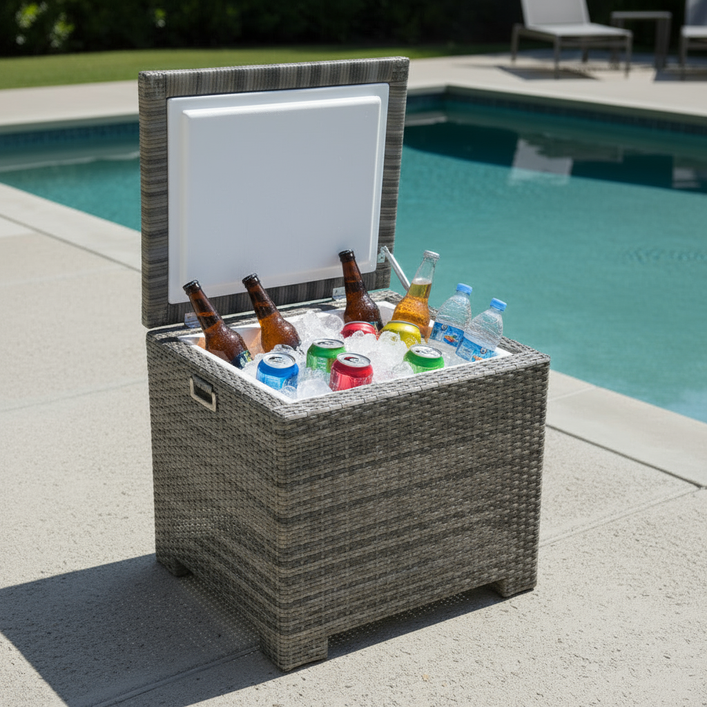 This is a lifestyle image showing this wicker ice chest with the lid open so you can see the drinks and the ice inside. It's on the cement patio next to an inground swimming pool.