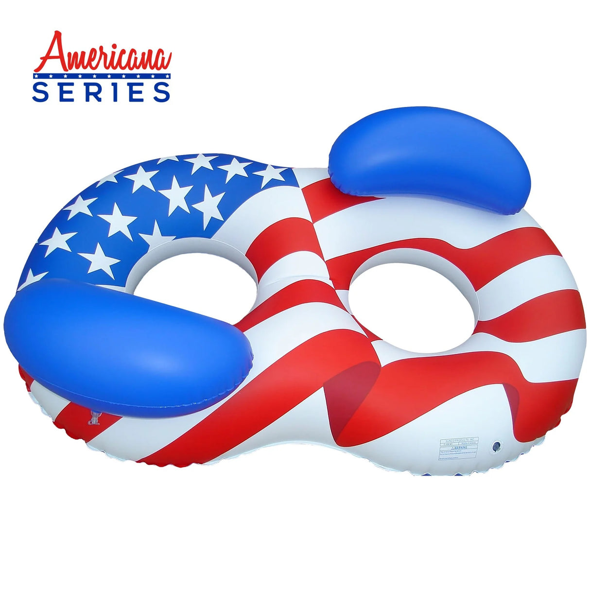 A pool float for two people. It's designed to look like the American flag. It's red, white and blue. It features two backrests and a stars and stripes design.