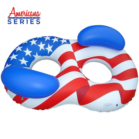 A pool float for two people. It's designed to look like the American flag. It's red, white and blue. It features two backrests and a stars and stripes design.