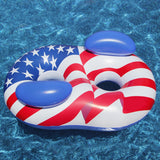 A pool float for two people. It's designed to look like the American flag. It's red, white and blue. It features two backrests and a stars and stripes design.