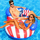 A pool float for two people. It's designed to look like the American flag. It's red, white and blue. It features two backrests and a stars and stripes design.