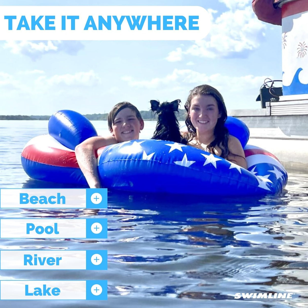 A pool float for two people. It's designed to look like the American flag. It's red, white and blue. It features two backrests and a stars and stripes design.