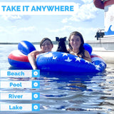 A pool float for two people. It's designed to look like the American flag. It's red, white and blue. It features two backrests and a stars and stripes design.