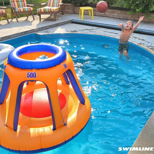 Pool inflatable shaped like a blue and orange basketball hoop.