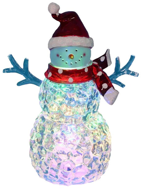 This image shows the clear snowman decoration on a white background. The lights inside are blue, yellow and pink. The snowman is wearing a red Santa hat and a red polka dot scarf.