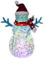 This image shows the clear snowman decoration on a white background. The lights inside are blue, yellow and pink. The snowman is wearing a red Santa hat and a red polka dot scarf.