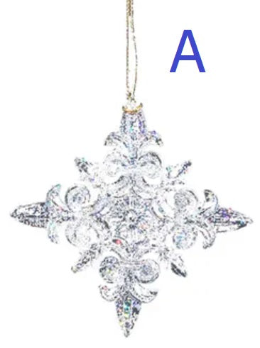 Ornaments shaped like glitter covered snowflakes.