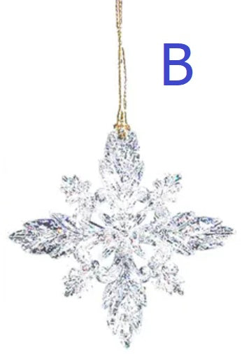 Ornaments shaped like glitter covered snowflakes.
