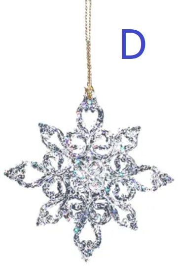Ornaments shaped like glitter covered snowflakes.