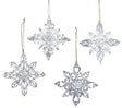 Ornaments shaped like glitter covered snowflakes.