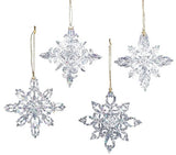 Ornaments shaped like glitter covered snowflakes.