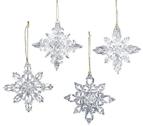 Ornaments shaped like glitter covered snowflakes.
