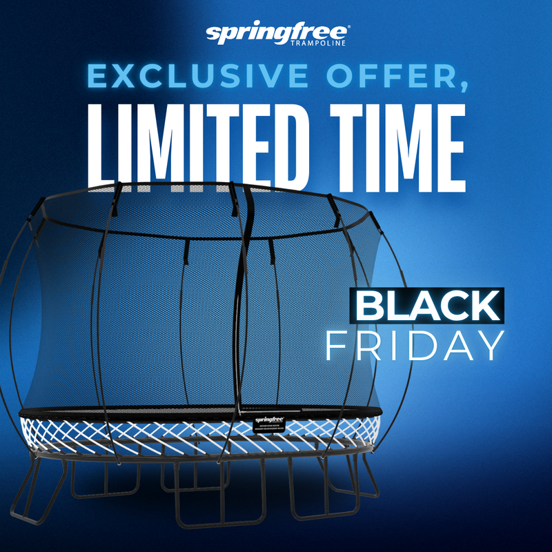 Springfree trampoline with Black Friday promotional text on a blue background
