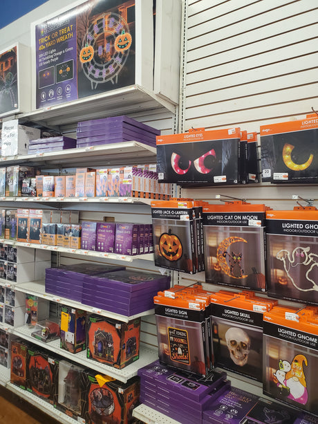 Display of Halloween-themed products in the Tinley Park Outlet store.