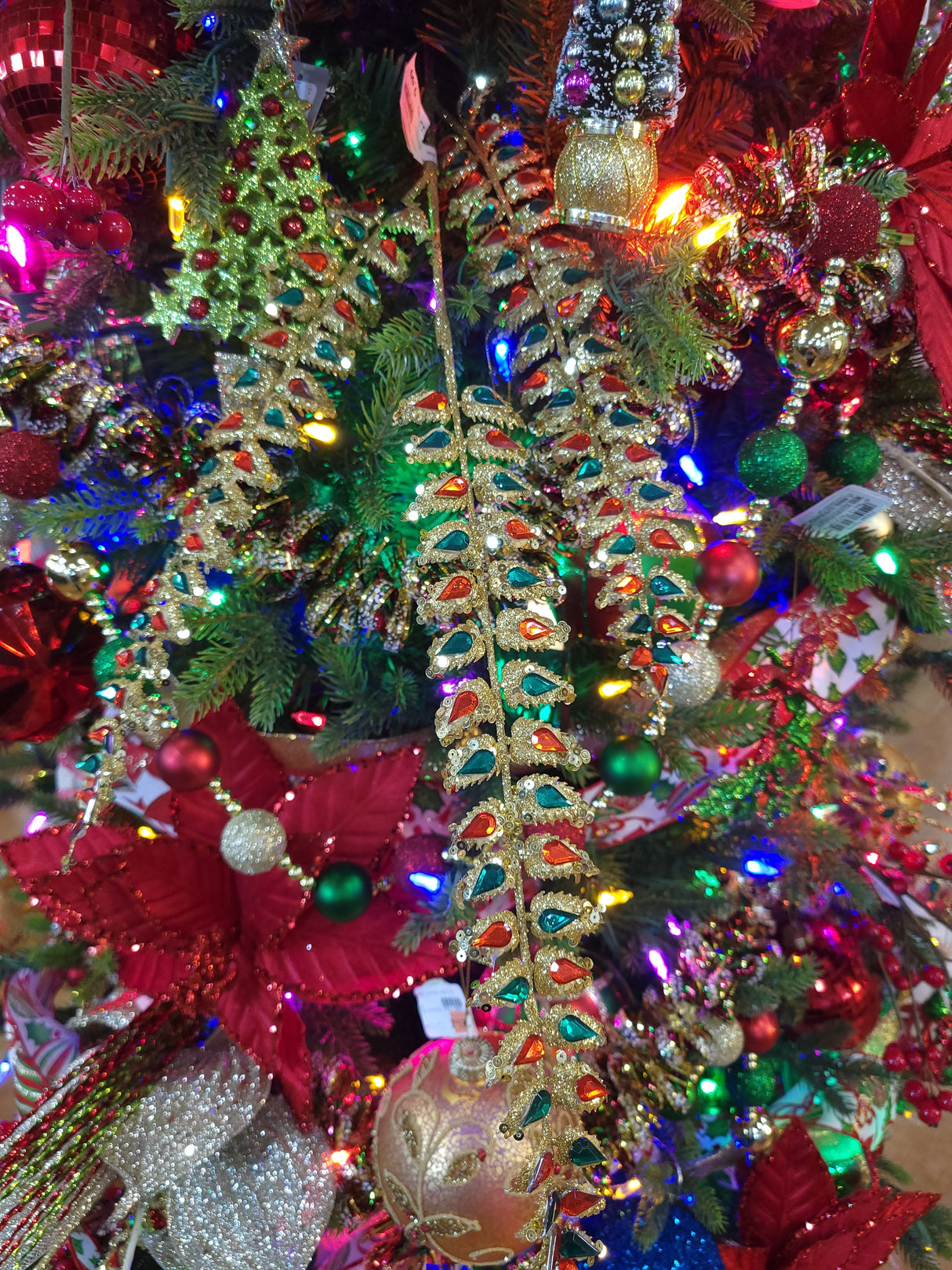 24" Red, Green & Gold Jeweled Long Leaf Spray