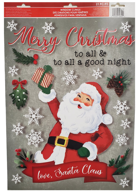 This image shows the full sheet of Christmas window clings. The background is a gray color. The clings consist of different sized snowflakes, pine needles and berries and pine cones. It reads "Merry Christmas" in a red, cursive font. It reads "to all & to all a good night" in a black typewriter font. The biggest cling is a cherry Santa Claus holding a present. It reads "Love, Santa Claus" on a red ribbon.