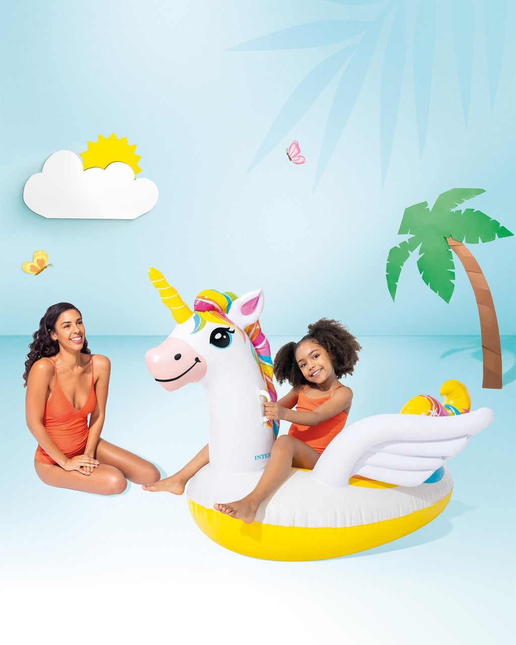 Inflatable pool float shaped like a rainbow unicorn.