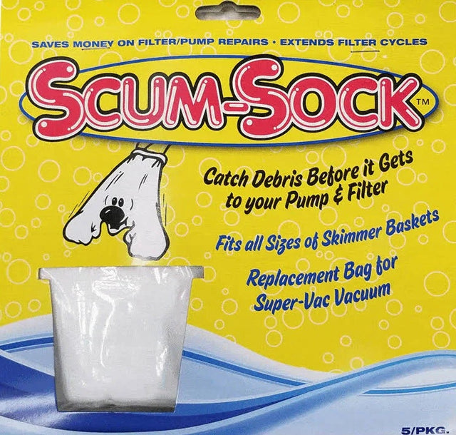This image shows what the packaging for this product looks like. It reads "Scum-Sock. Saves money on filter/pump repairs and extends filter cycles. Catch debris before it gets to your pump and filter. Fits all sizes of skimmer baskets. Replacement bag for super-vac vacuum. 5 per package."